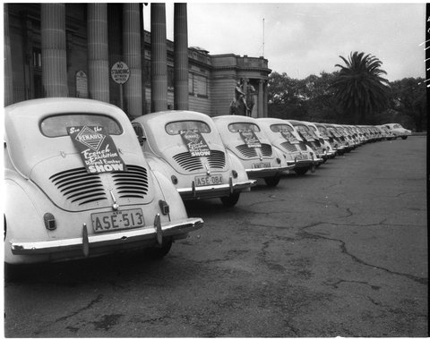 Line of Renault cars outside the Art Gallery of New South Wales, 1956, by Asher Joel