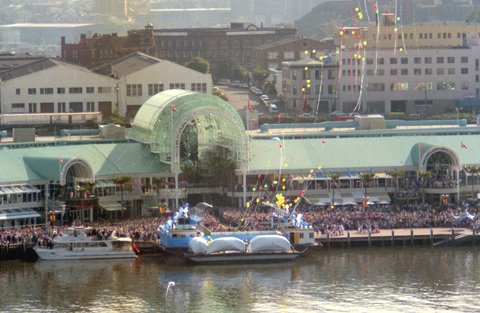 Harbourside celebrations for visit of Queen Elizabeth II to Darling Harbour, 1988