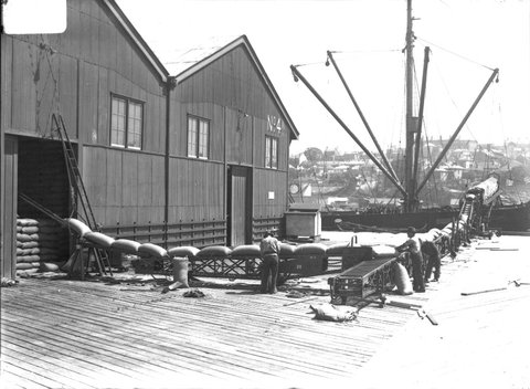 Grain being moved along conveyor belts a No.4 wharf, Darling Harbour (NSW), c. 1931
