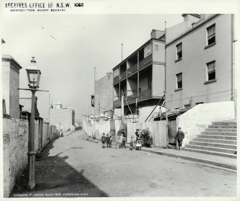Looking south on Cambridge Street from Cumberland Place, The Rocks (NSW) (Rocks Resumption photographic survey), 1901