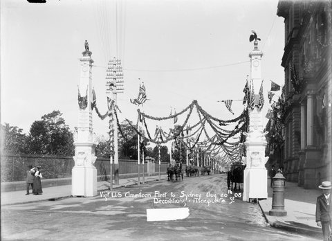 Decorations in Macquarie Street celebrating the visit of the US Navys Great White Fleet, 1908