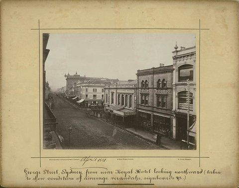 Geroge Street, Sydney, looking northward from the Royal Hotel - showing condition of awnings, verandahs, signboards, 1881