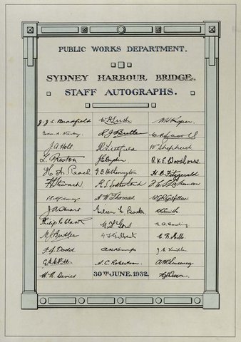 Sydney Harbour Bridge, Staff Autographs, c. 1932
