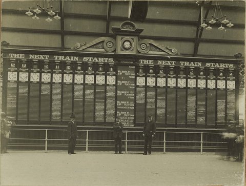 The train departures indicator at Central Railway Station, Sydney, c. 1906