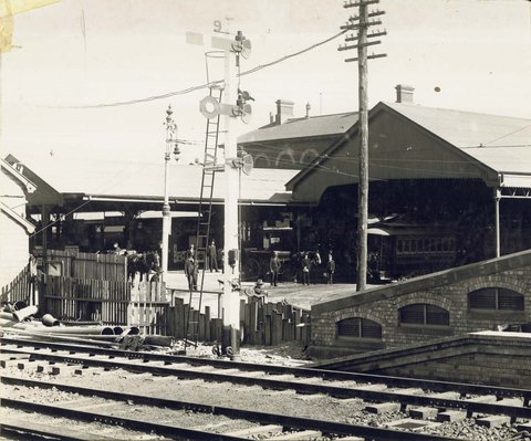 Break through of old platforms for opening of the new Sydney Railway Station, c. 1906