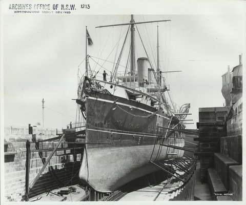HMS Royal Arthur docked in Sutherland Dock Cockatoo Island Sydney NSW, c. 1900