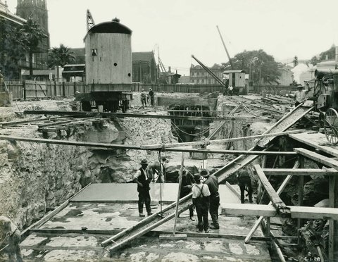 Flat top Construction under site for new Scots Church, 1928
