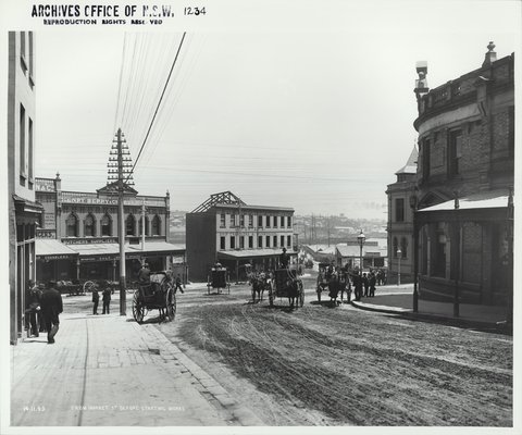 Market Street showing site of Pyrmont Bridge before work started, 1899