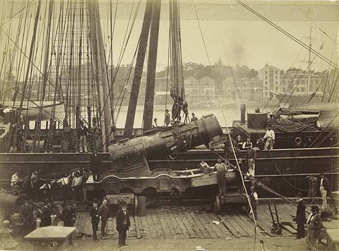 Locomotive arriving by ship, 1876, c. 1876