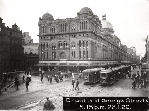 Trams on George Street in front of the QVB, c. 1920