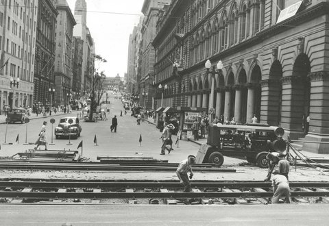 Laying down tram tracks, 1953