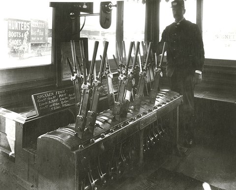 Inside the signal box, c. 1900