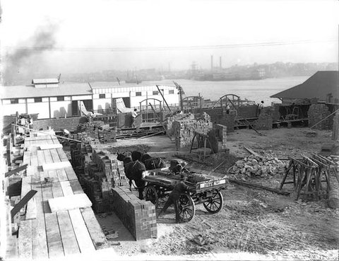 Horsedrawn carts at construction site at Darling Harbour, Sydney, c. 1910