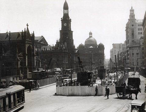 Building Town Hall station - QVB in the background, 1930