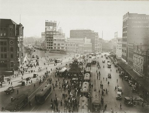 Trams and traffic at Railway Square, c. 1927