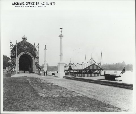 The decorated Landing Pavilion at Farm Cove, 1901, c. 1901