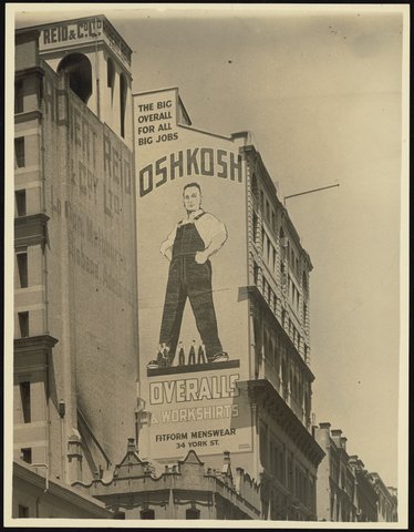 Large wall advertising sign for Fitform Menswear advertising Oskosh overalls and workshirts, 1930