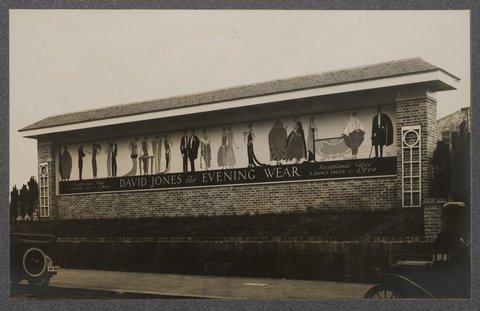 Large advertising sign for David Jones advertising evening wear, 1925