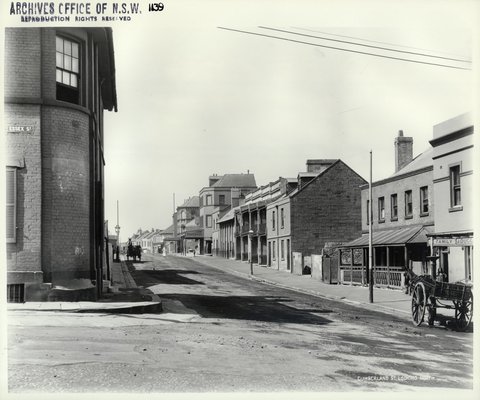 Cumberland Street looking north from Essex Street, The Rocks (NSW) (Rocks Resumption photographic survey), 1901
