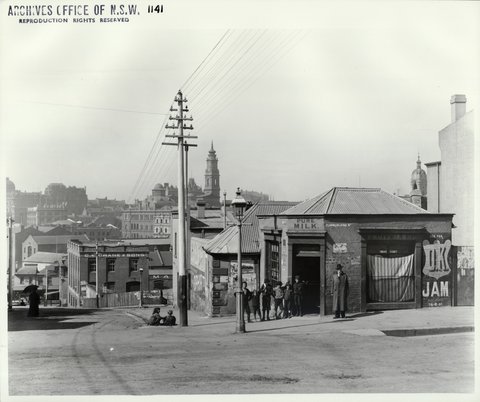Corner of Essex and Cumberland Streets, The Rocks (NSW) (Rocks Resumption photographic survey), 1901