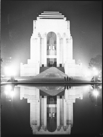 Coronation decorations, illuminations of Sydney, Anzac War Memorial, Hyde Park, Sydney, 1937 photographer, Sam Hood
