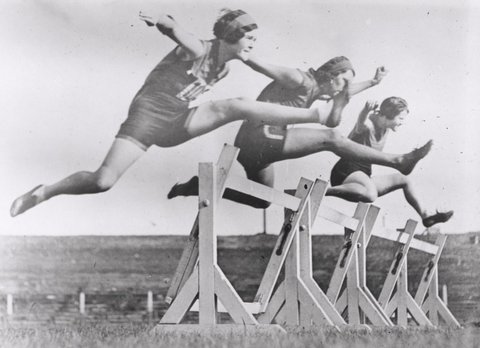 Women's hurdles race taking place at Sydney Sports Ground, New South Wales, March 1931