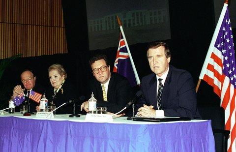 William S. Cohen (right) during Australia-United States Ministerial Consultations in Sydney, Australia, 1998