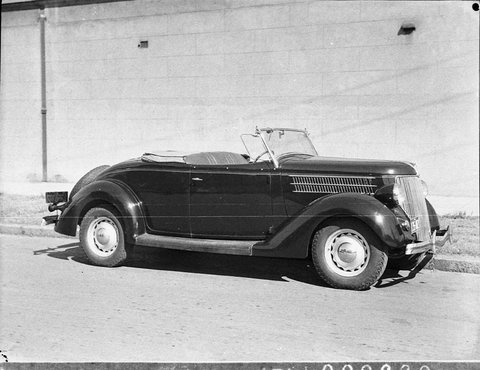 1936 Ford V8 roadster or Club Cabriolet car taken for Liberty Motors, 1937