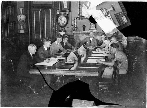 Tram men meet with Government Chief Secretarys Building, 1934?