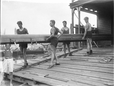 A fours crew carrying out their shell, c. 1935