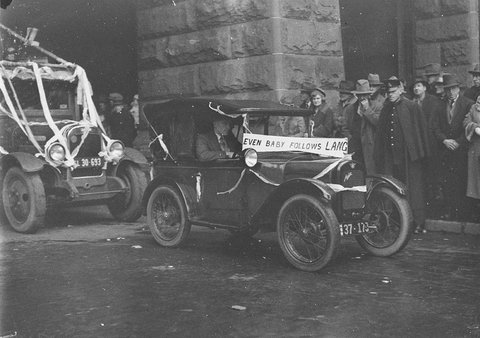 A baby Austin Austin 7 with poster Even Baby follows Lang, 1934