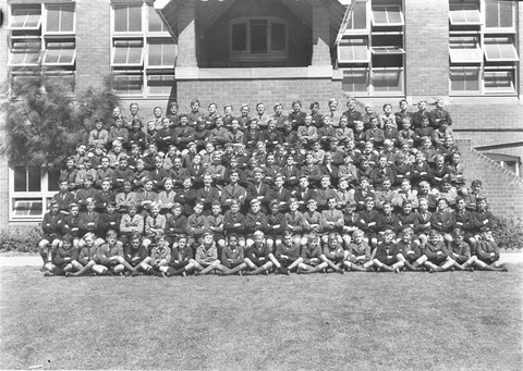 A big group of schoolboys pose for the school photograph, 1930s