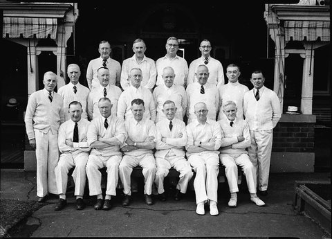 A group of eighteen men in bowling whites City Bowling Club, 1942