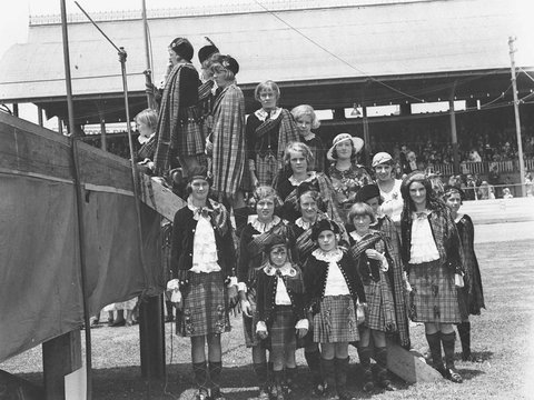 A group of girl Highland dancing competitors Highland Societys Caledonian Games, 1935