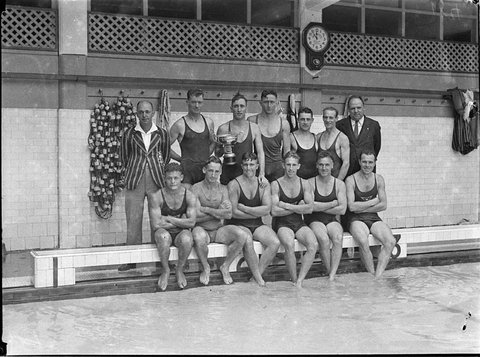 A large group of male swimmers Tramway swimming at Coogee Aquarium, 1935