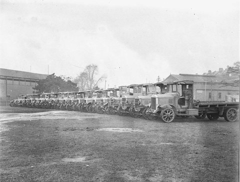 A line up of twenty Dodge and Albion trucks of carrier William McKeown Ltd, 1930s
