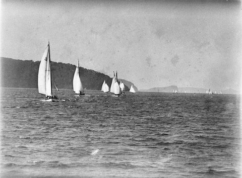 A mass of yachts beating southwards from Lion Island, 1930s
