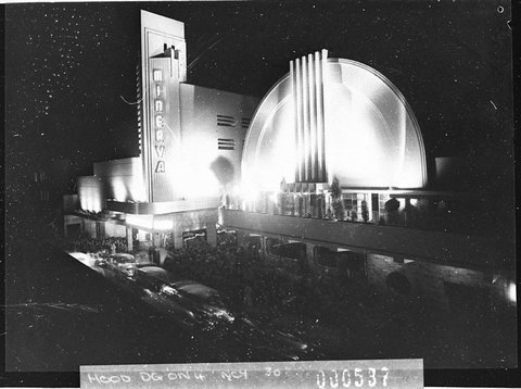 A night picture of the opening of the Minerva Theatre taken for Building Publishing Co, 1939