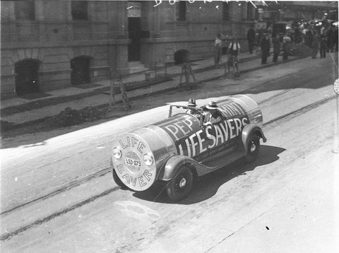 A sales promotion car done up as a packet of peppermint Lifesavers Sydney, 1934