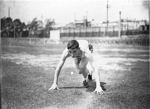 A sprinter practising starts, 1934