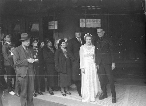 Actor and actress Monster and his Bride at frontofhouse publicity, 1935