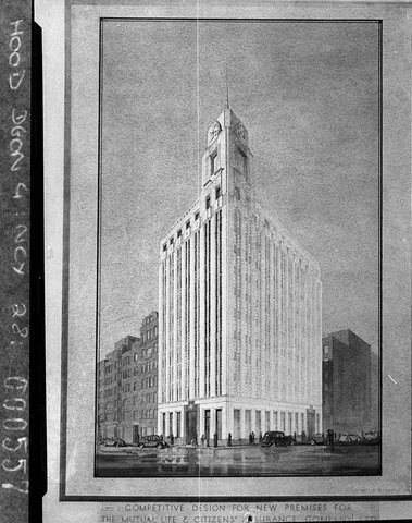 An alternative design for Mutual Life Citizens Building as built and with tower, 1937