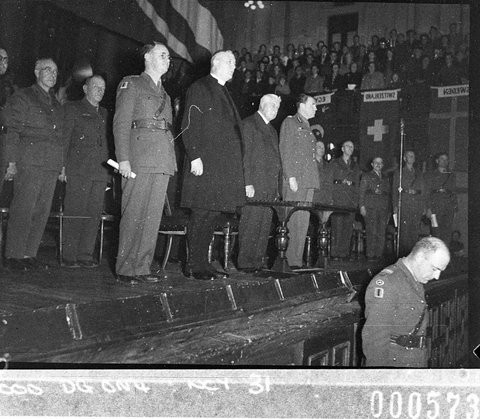 Archbishop Mowll and Army Officers at ceremony at Town Hall YMCA Centenary, 1944
