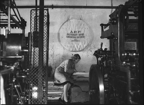 ARP incendiary bombsmothering mattress Bestobell taken for Building Publishing Co, 1941