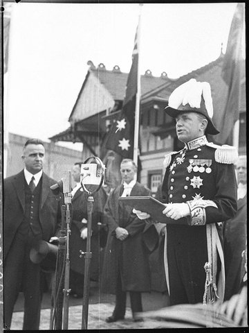 The Governor of New South Wales, Lord Wakehurst, gives a speech at the Man O'War Steps on his arrival in Sydney aboard the RMS Orford on Anzac Day, 8 April 1937