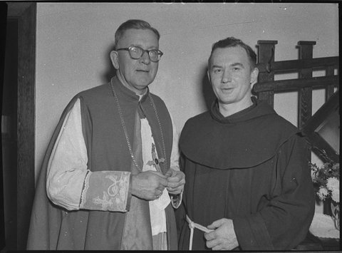 Bishop of Maitland Right Reverend Dr Toohey and Reverend Fr K Halpin OFM, 1955