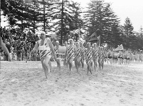 Brighton leading North Steyne in the the march past at a surf carnival Manly, 1925–57