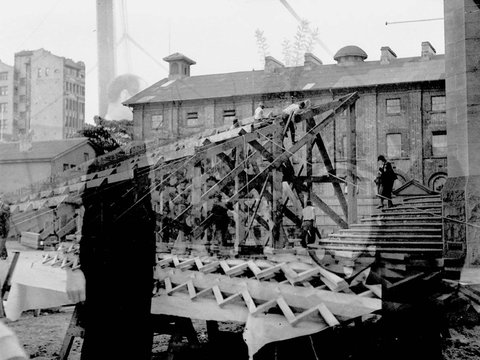 Building public seating grandstand between the Hyde Park Barracks Law Courts and RegistrarGenerals buildings for Gloucesters visit, 1934