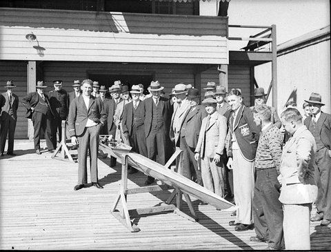 Christening of boat at police sheds for Cecil Pearce, 1930s