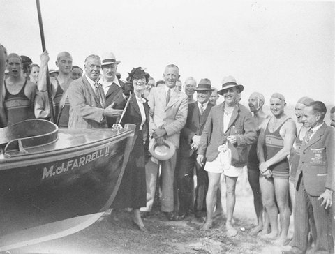 Christening of North Cronulla surf boat MJ Farrell II, 1930s